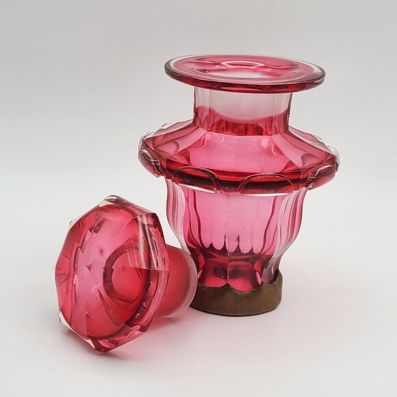 Vintage Cranberry Glass Apothecary or Dresser Jar with Mushroom Stopper 6 1/2" H - Picture 5 of 12